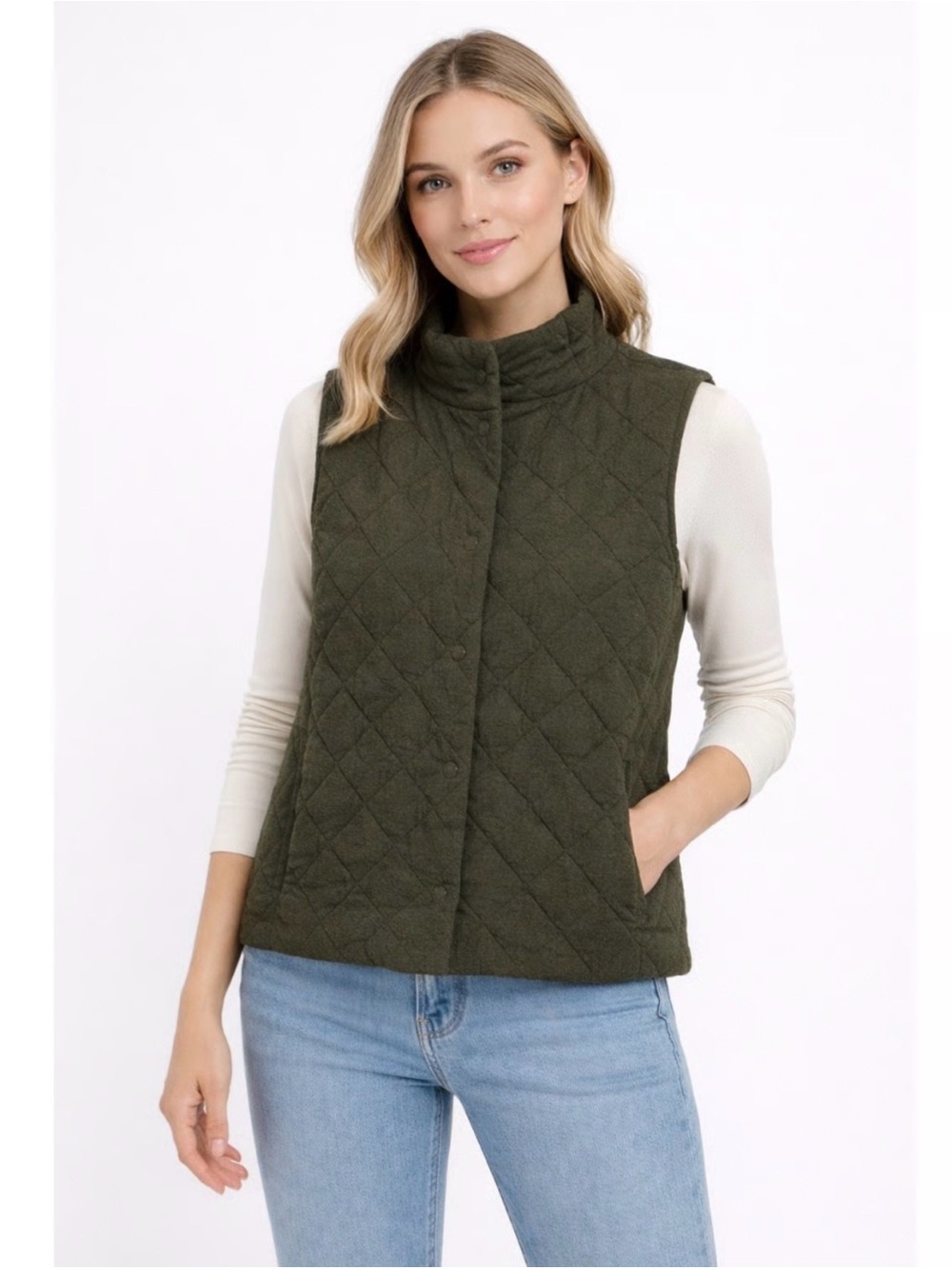 Eileen Fisher Women’s Olive Green Cotton Quilted Snap Front Vest